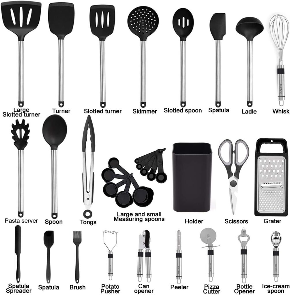 Kitchen Utensil Set-Silicone Cooking Utensils-33 Kitchen Gadgets  Spoons for Nonstick Cookware-Silicone and Stainless Steel Spatula Set-Best Kitchen Tools, Useful Pots and Pans Accessories