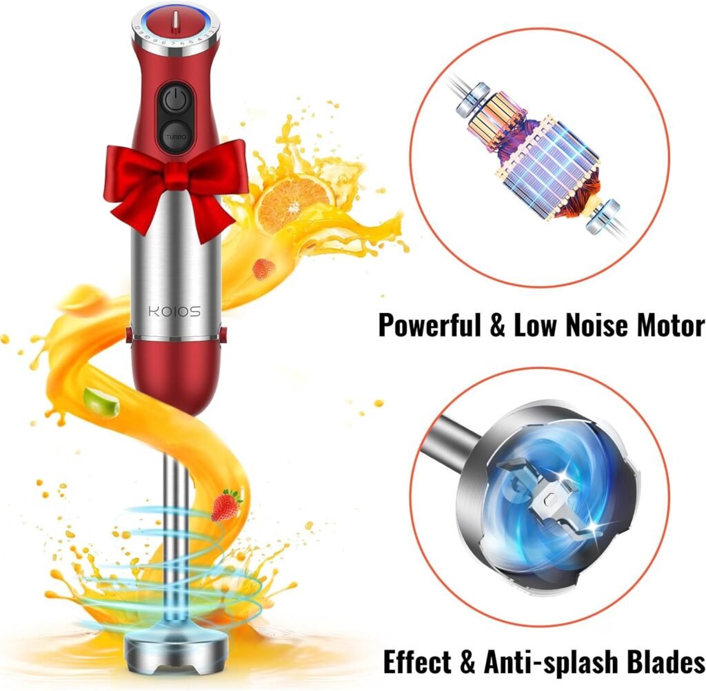 KOIOS 5-in-1 Hand Immersion Blender, 1000W 12 Speed Handheld Blender, Copper Motor Stainless Steel Blade Stick Blender,600ml Mixing Beaker,500ml Food Processor, Whisk, Milk Frother, BPA-Free, Red