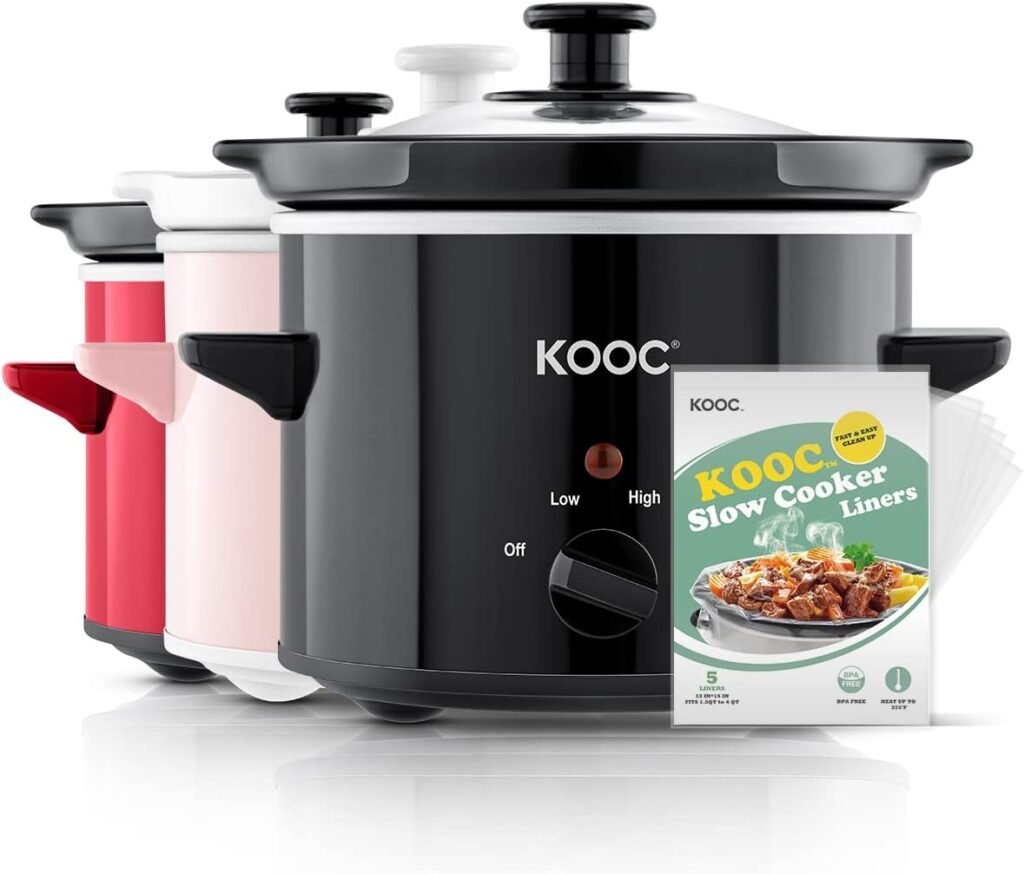 KOOC Small Slow Cooker, 2-Quart, Free Liners Included for Easy Clean-up, Upgraded Ceramic Pot, Adjustable Temp, Nutrient Loss Reduction, Stainless Steel, Black, Round…