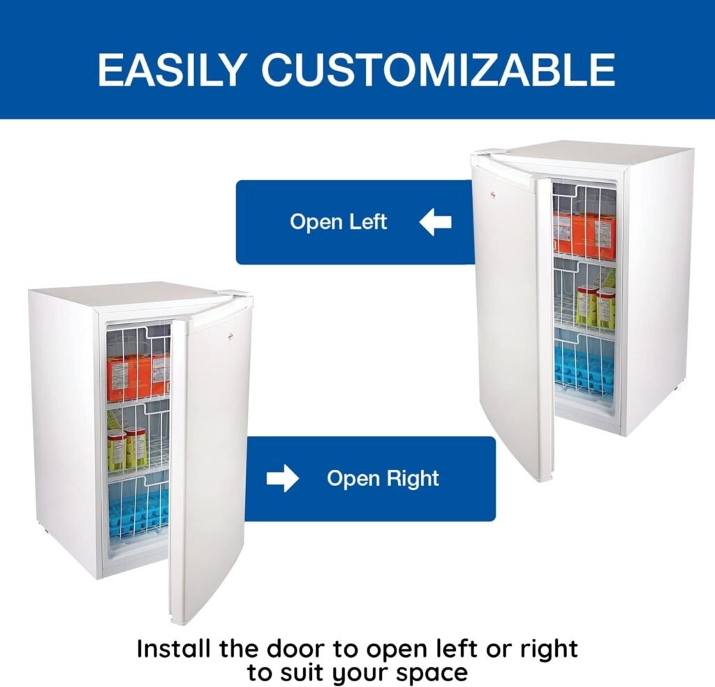 Koolatron Compact Upright Freezer, 3.1 cu ft (88L), White, Manual Defrost Design, Space-Saving Flat Back, Reversible Door, 3 Pull-Out Basket Shelves, for Apartment, Condo, Cottage