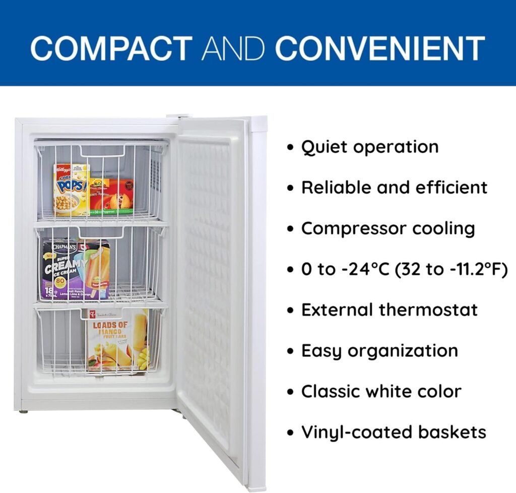 Koolatron Compact Upright Freezer, 3.1 cu ft (88L), White, Manual Defrost Design, Space-Saving Flat Back, Reversible Door, 3 Pull-Out Basket Shelves, for Apartment, Condo, Cottage