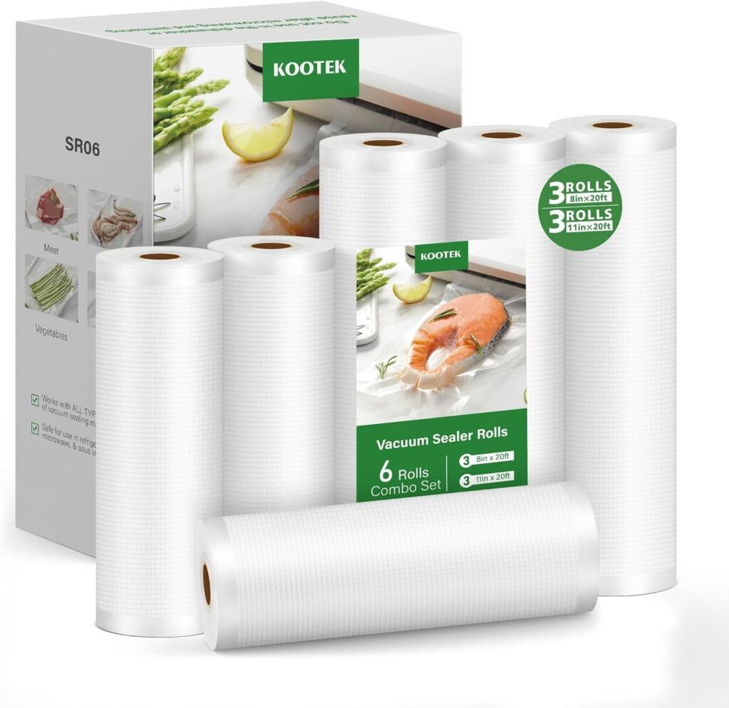 Kootek Vacuum Sealer Bags for Food, 6 Rolls for Custom Fit Food Storage, Meal Prep or Sous Vide, 8 x 20 (3 Rolls) and 11x 20 (3 Rolls) Commercial Grade Vacuum Seal Freezer Bags Rolls