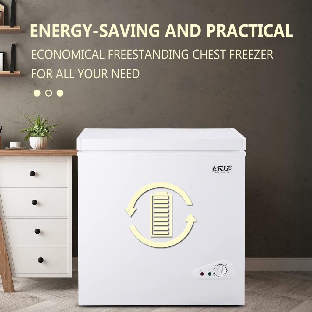 Krib Bling 3.5 Cu.Ft Compact Chest Freezer with Removable Basket, Top Door Open Freestanding Deep Freezer with 7 Gears Temperature Adjustment, Ideal for Home, Kitchen  Office, Black