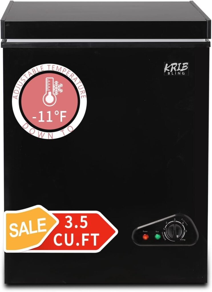 Krib Bling 3.5 Cu.Ft Compact Chest Freezer with Removable Basket, Top Door Open Freestanding Deep Freezer with 7 Gears Temperature Adjustment, Ideal for Home, Kitchen  Office, Black