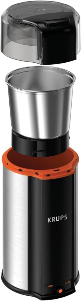 Krups Fast-Touch Stainless Steel Coffee and Spice Grinder 3oz, 85 gr bean hopper Easy to Use, One Touch Operation 200 Watts Coffee, Espresso, French Press, Spices, Dry Herbs, Nuts, 12 cups Silver