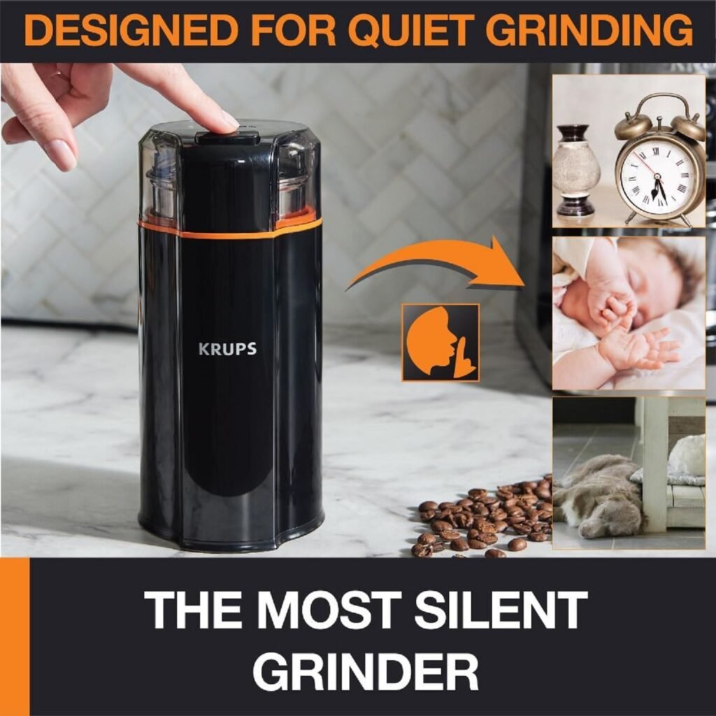 Krups Fast-Touch Stainless Steel Coffee and Spice Grinder 3oz, 85 gr bean hopper Easy to Use, One Touch Operation 200 Watts Coffee, Espresso, French Press, Spices, Dry Herbs, Nuts, 12 cups Silver