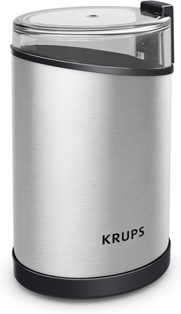 Krups Fast-Touch Stainless Steel Coffee and Spice Grinder 3oz, 85 gr bean hopper Easy to Use, One Touch Operation 200 Watts Coffee, Espresso, French Press, Spices, Dry Herbs, Nuts, 12 cups Silver