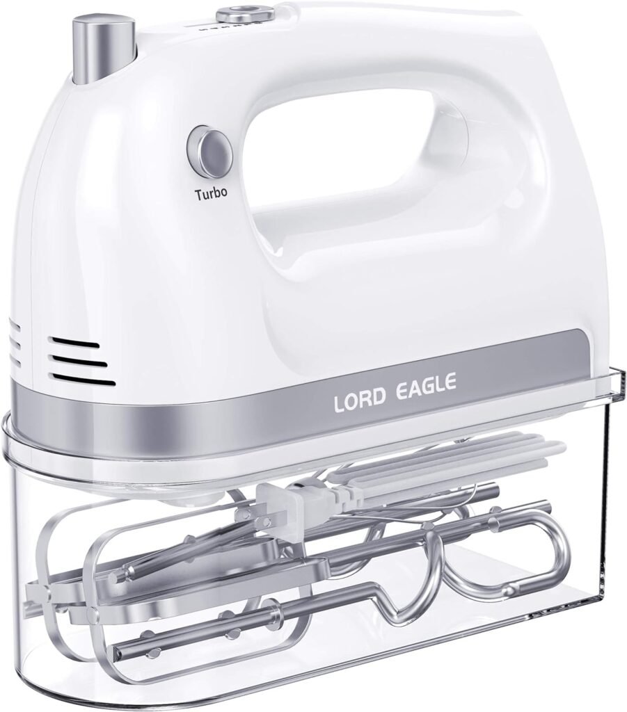 Lord Eagle Hand Mixer Electric, 400W Power handheld Mixer for Baking Cake Egg Cream Food Beater, Turbo Boost/Self-Control Speed + 5 Speed + Eject Button + 5 Stainless Steel Accessories (White)