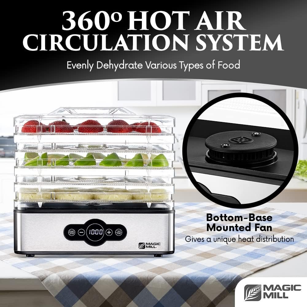 Magic Mill Food Dehydrator Machine | 5 Stackable Stainless Steel Trays Jerky Dryer with Digital Adjustable Timer  Temperature Control - Electric Food Preserver for Fruits, Veggies, Meats  Dog Treats