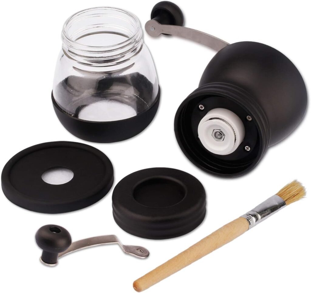 Manual Coffee Grinder with Ceramic Burrs, Hand Coffee Mill with Two Glass Jars(11oz each), Brush and Tablespoon Scoop