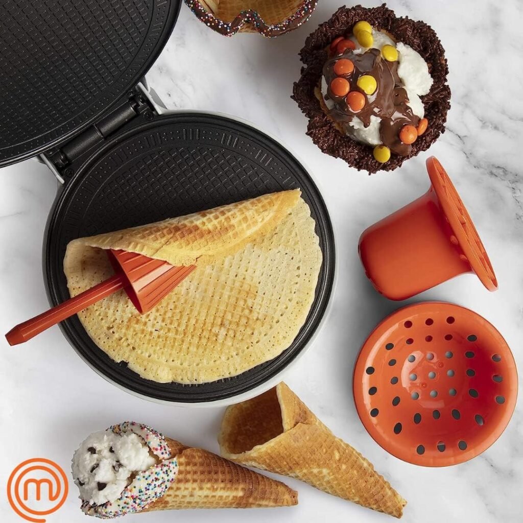 MasterChef Waffle Cone and Bowl Maker- Includes Shaper Roller and Bowl Press- Homemade Ice Cream Cone Baking Cookie Iron Machine, Fun Kitchen Appliance for Sundae Parties  Valentines Gift Giving