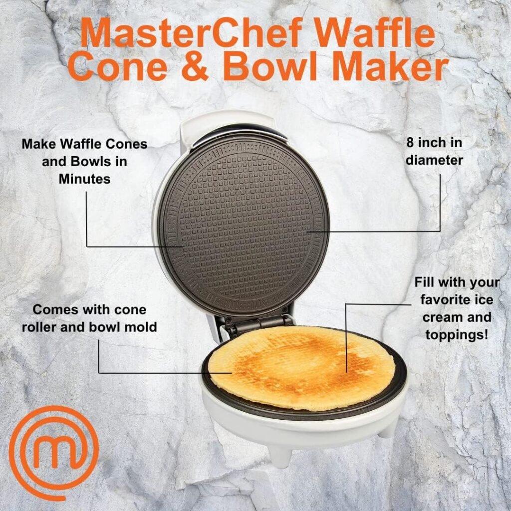 MasterChef Waffle Cone and Bowl Maker- Includes Shaper Roller and Bowl Press- Homemade Ice Cream Cone Baking Cookie Iron Machine, Fun Kitchen Appliance for Sundae Parties  Valentines Gift Giving