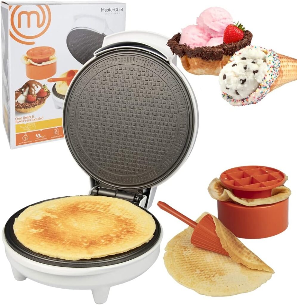 MasterChef Waffle Cone and Bowl Maker- Includes Shaper Roller and Bowl Press- Homemade Ice Cream Cone Baking Cookie Iron Machine, Fun Kitchen Appliance for Sundae Parties  Valentines Gift Giving