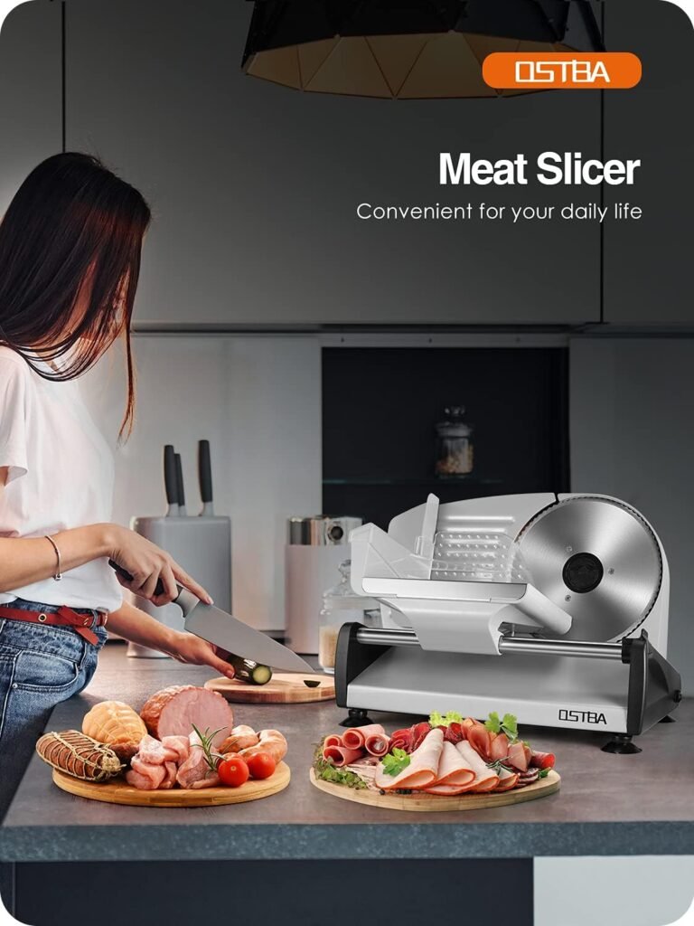 Meat Slicer 200W Electric Deli Food Slicer with 2 Removable 7.5 Stainless Steel Blade, Adjustable Thickness for Home Use, Child Lock Protection, Easy to Clean, Cuts Meat, Bread and Cheese