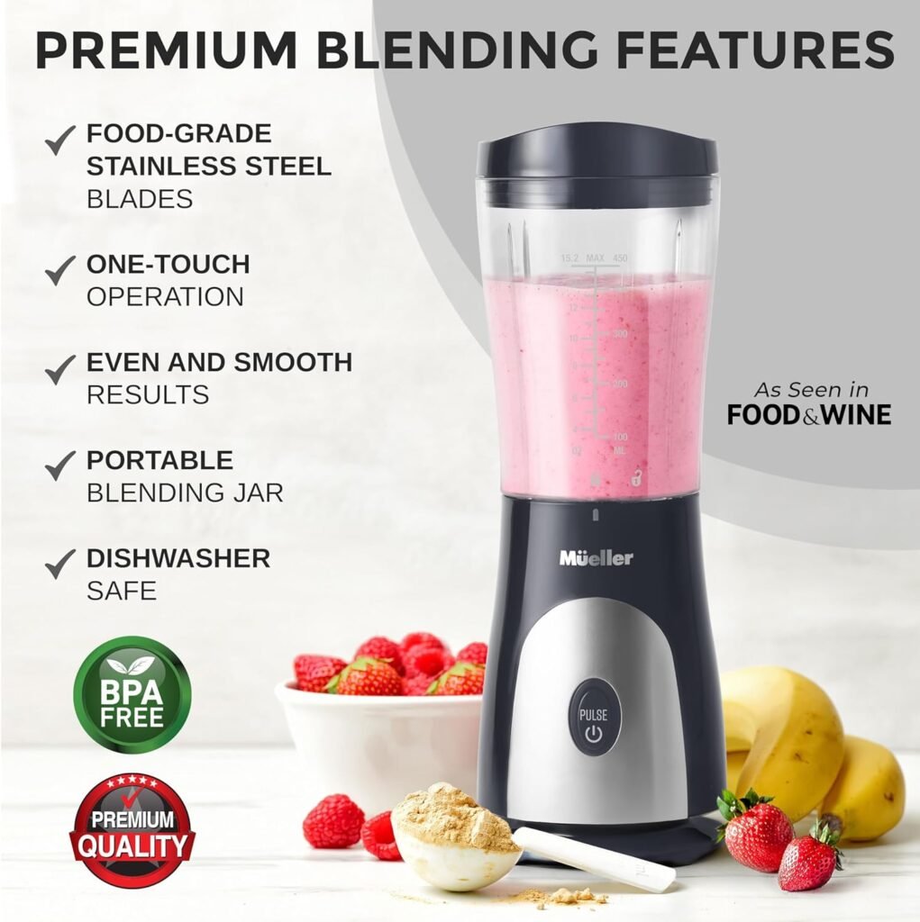 Mueller Personal Blender for Shakes and Smoothies with 15 Oz Travel Cup and Lid, Juices, Baby Food, Heavy-Duty Portable Blender  Food Processor, Grey