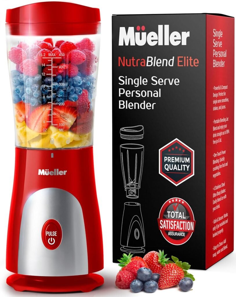 Mueller Personal Blender for Shakes and Smoothies with 15 Oz Travel Cup and Lid, Juices, Baby Food, Heavy-Duty Portable Blender  Food Processor, Grey