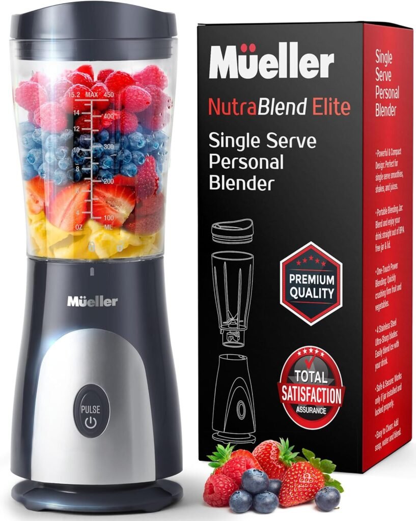 Mueller Personal Blender for Shakes and Smoothies with 15 Oz Travel Cup and Lid, Juices, Baby Food, Heavy-Duty Portable Blender  Food Processor, Grey