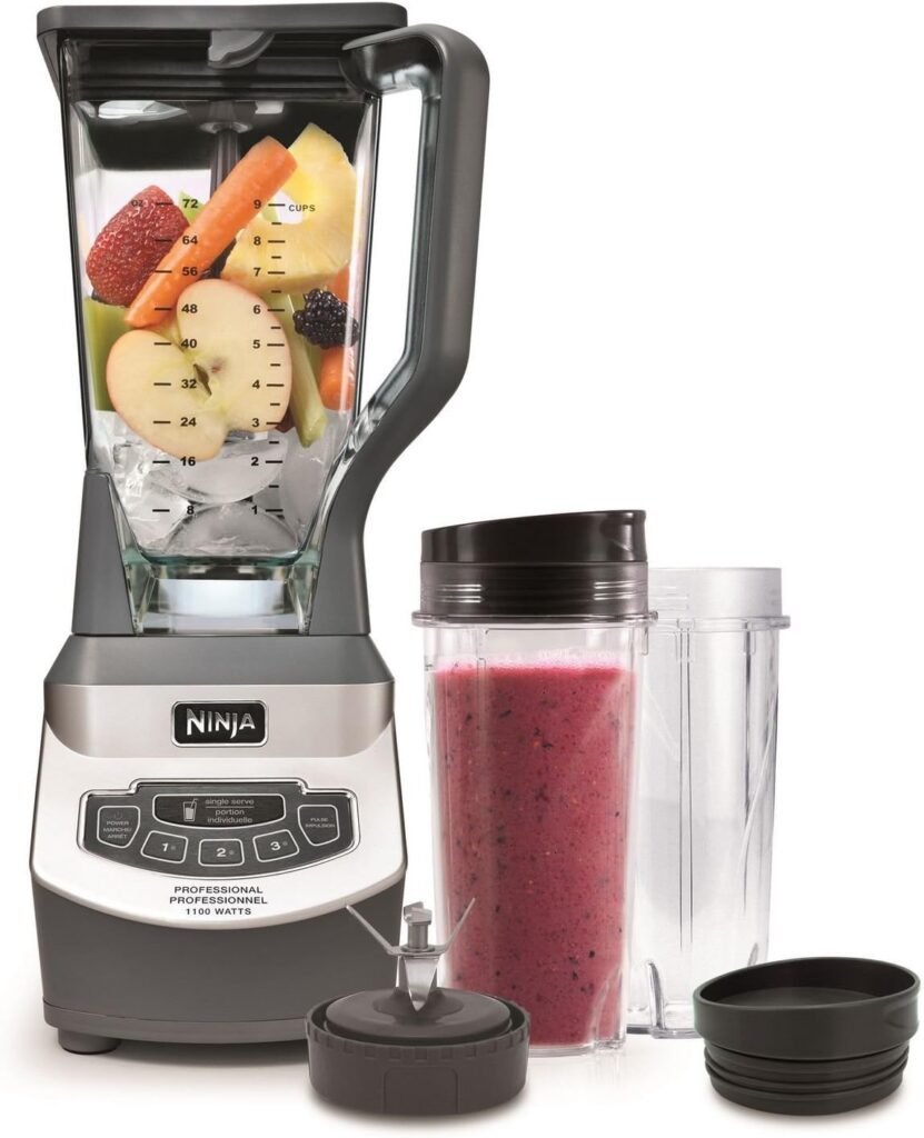 Ninja BL660 Professional Compact Smoothie  Food Processing Blender, 1100-Watts, 3 Functions -for Frozen Drinks, Smoothies, Sauces,  More, 72-oz.* Pitcher, (2) 16-oz. To-Go Cups  Spout Lids, Gray