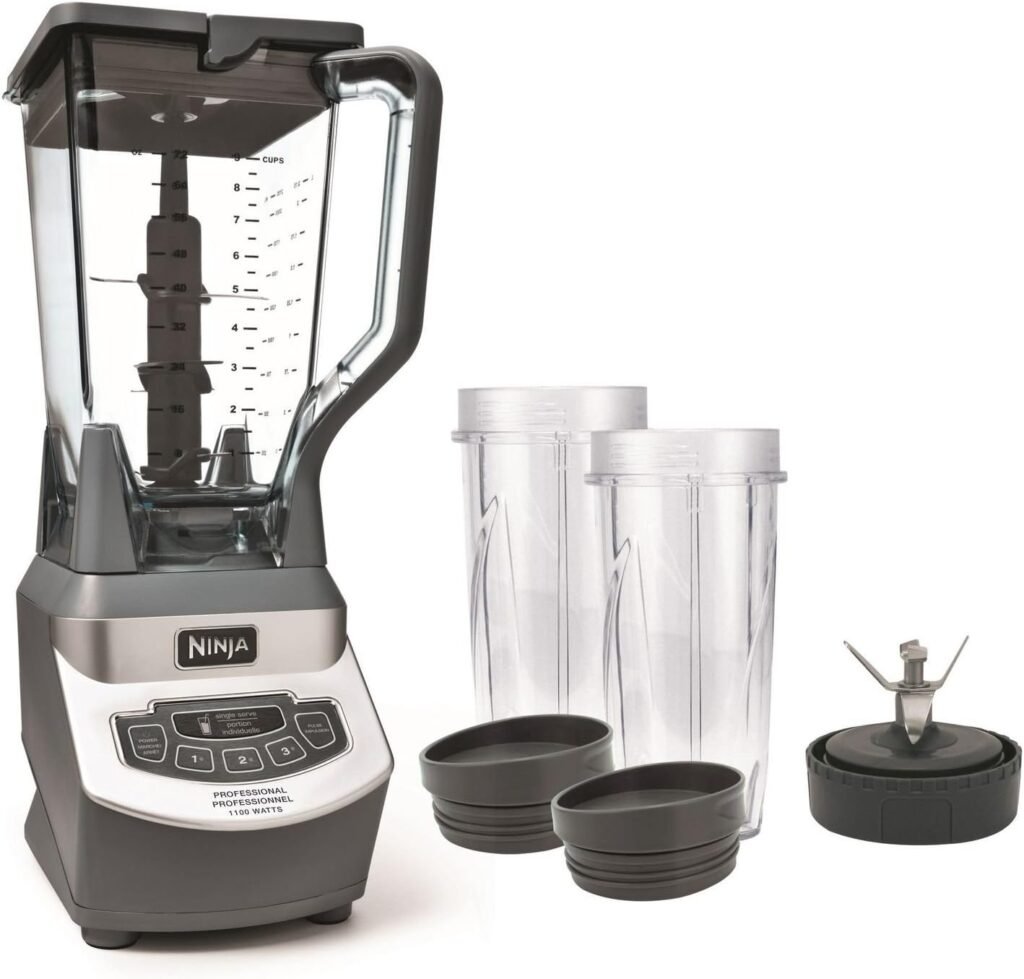 Ninja BL660 Professional Compact Smoothie  Food Processing Blender, 1100-Watts, 3 Functions -for Frozen Drinks, Smoothies, Sauces,  More, 72-oz.* Pitcher, (2) 16-oz. To-Go Cups  Spout Lids, Gray