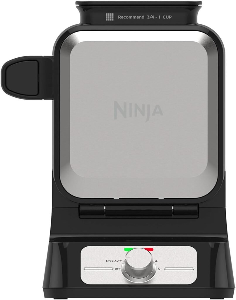 Ninja BW1001 NeverStick PRO Belgian Waffle Maker, Vertical Design, 5 Shade Settings, with Precision-Pour Cup  Chef-curated Recipe Guide, Black  Silver