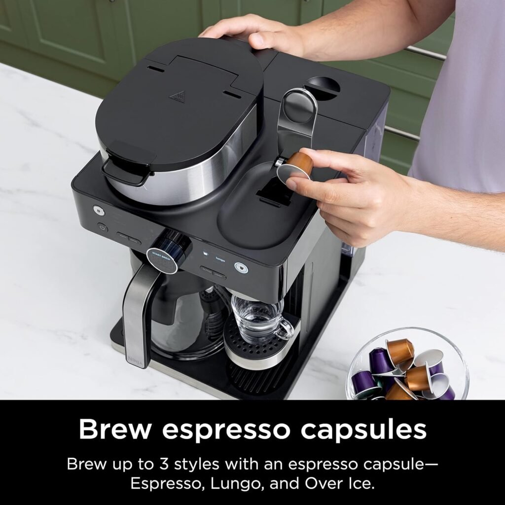 Ninja CFN601 Espresso  Coffee Barista System, 3 Espresso Brew Styles, Single-Serve Coffee  Nespresso Capsule Compatible, 12-Cup Carafe, Built-in Frother, Espresso, Cappuccino  Latte Maker - Black