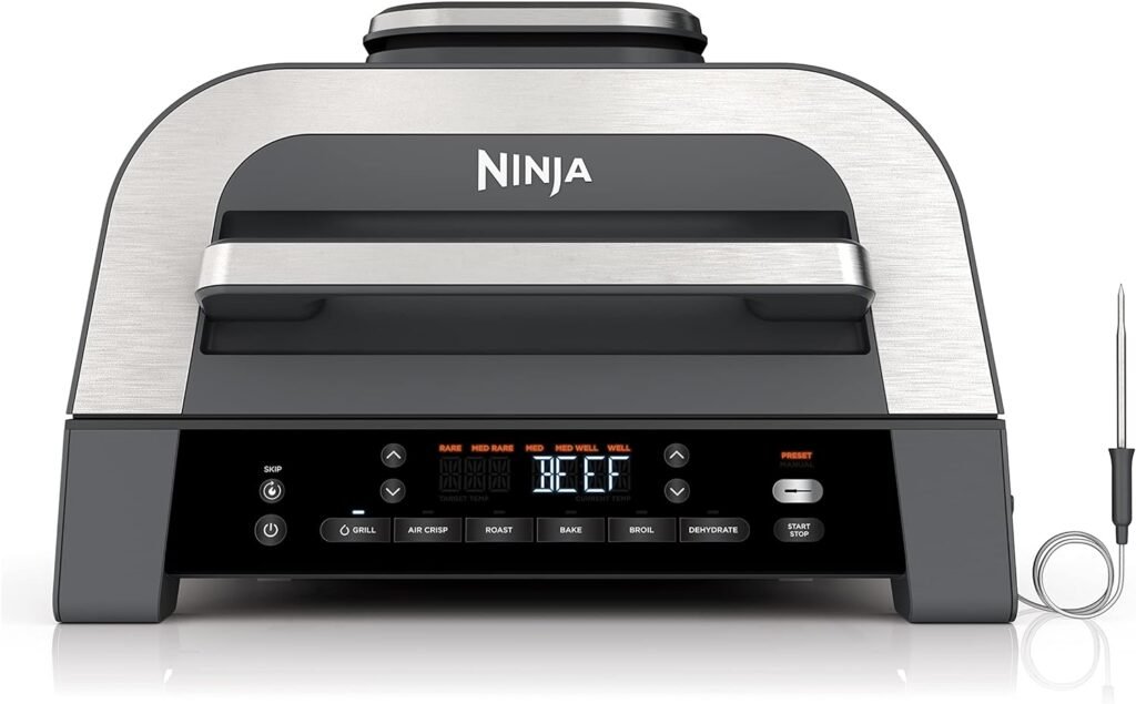 Ninja DG551 Foodi Smart XL 6-in-1 Indoor Grill with Air Fry, Roast, Bake, Broil,  Dehydrate, Foodi Smart Thermometer, 2nd Generation, Black/Silver