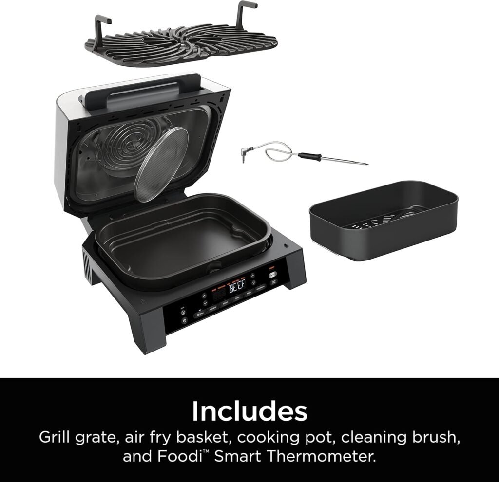 Ninja DG551 Foodi Smart XL 6-in-1 Indoor Grill with Air Fry, Roast, Bake, Broil,  Dehydrate, Foodi Smart Thermometer, 2nd Generation, Black/Silver