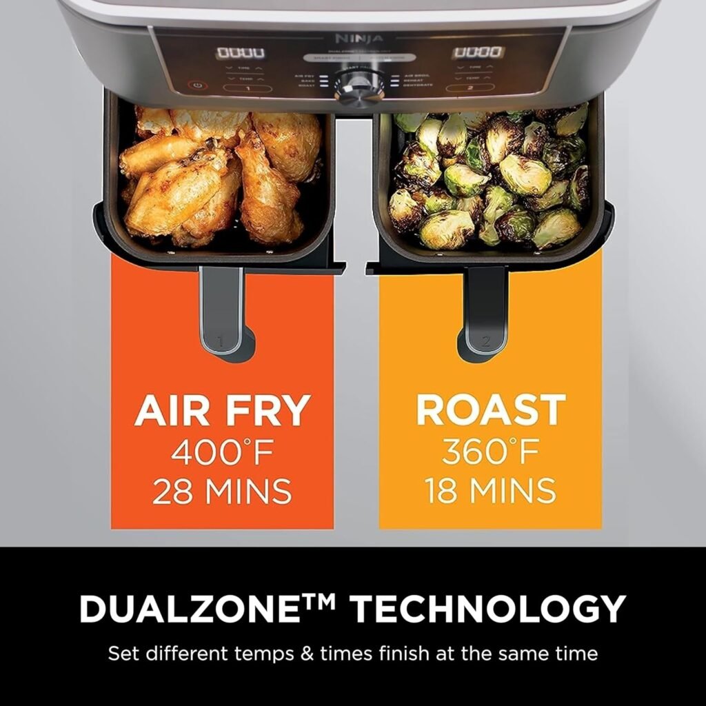 Ninja DZ401 Foodi 10 Quart 6-in-1 DualZone XL 2-Basket Air Fryer with 2 Independent Frying Baskets, Match Cook  Smart Finish to Roast, Broil, Dehydrate for Quick, Easy Family-Sized Meals, Grey