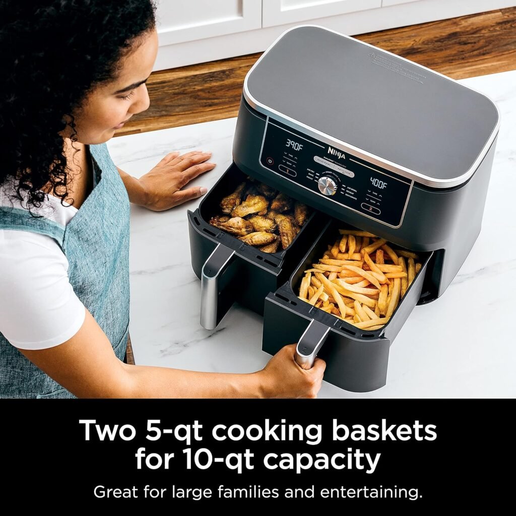 Ninja DZ401 Foodi 10 Quart 6-in-1 DualZone XL 2-Basket Air Fryer with 2 Independent Frying Baskets, Match Cook  Smart Finish to Roast, Broil, Dehydrate for Quick, Easy Family-Sized Meals, Grey