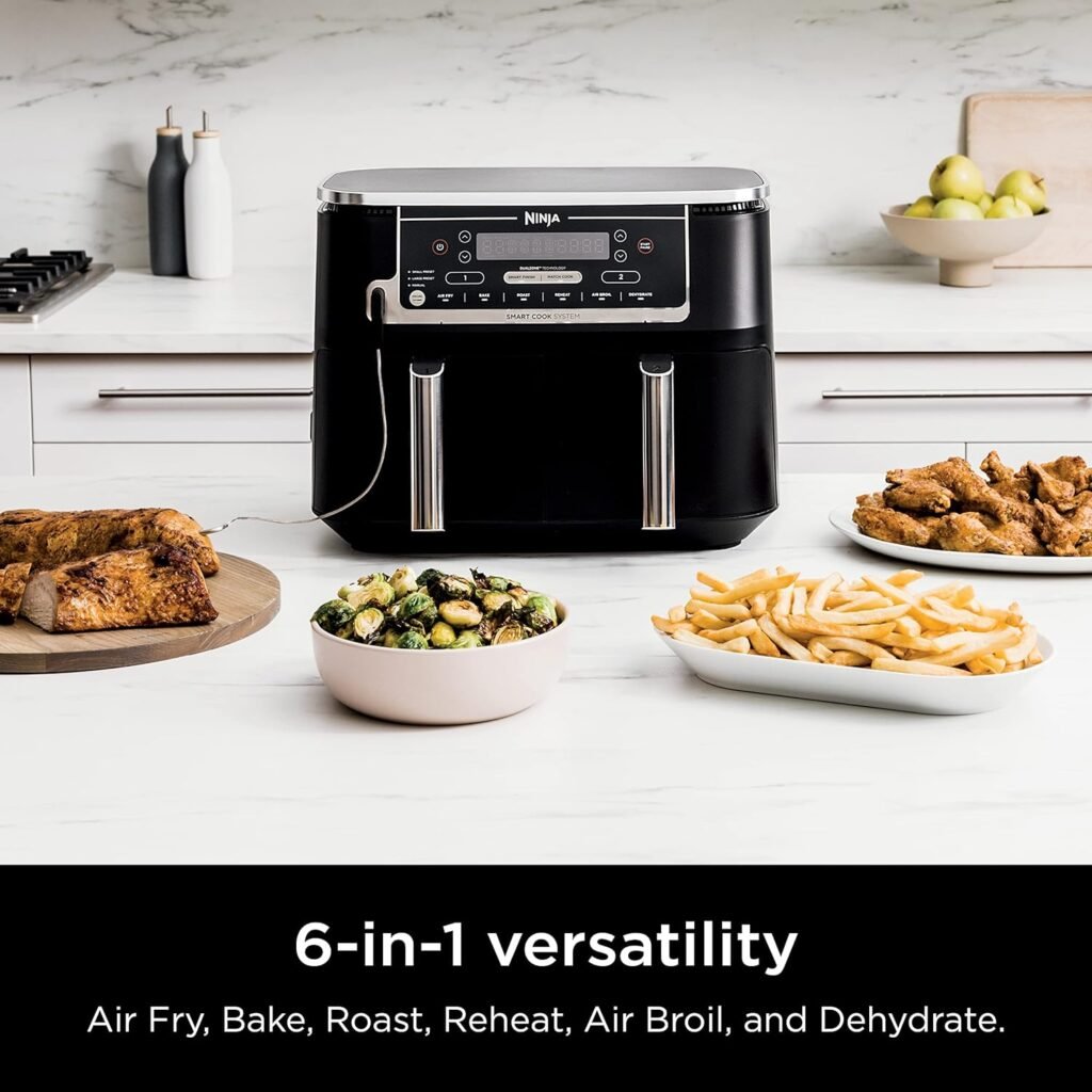 Ninja DZ550 Foodi 10 Quart 6-in-1 DualZone Smart XL Air Fryer with 2 Independent Baskets, Thermometer for Perfect Doneness, Match Cook  Smart Finish to Roast, Dehydrate  More, Grey