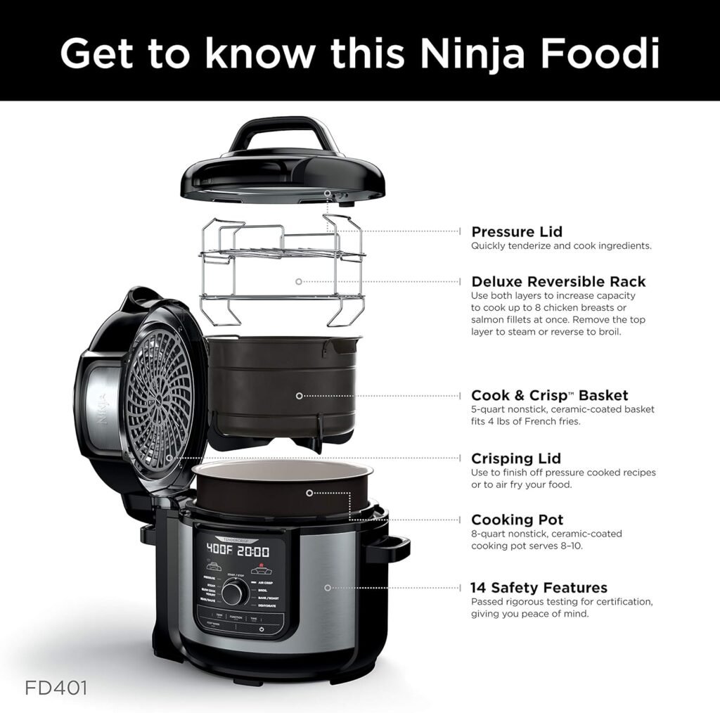 Ninja FD401 Foodi 12-in-1 Deluxe XL 8 qt. Pressure Cooker  Air Fryer that Steams, Slow Cooks, Sears, Sautés, Dehydrates  More, with 5 qt. Crisper Basket, Reversible Rack  Recipe Book, Silver