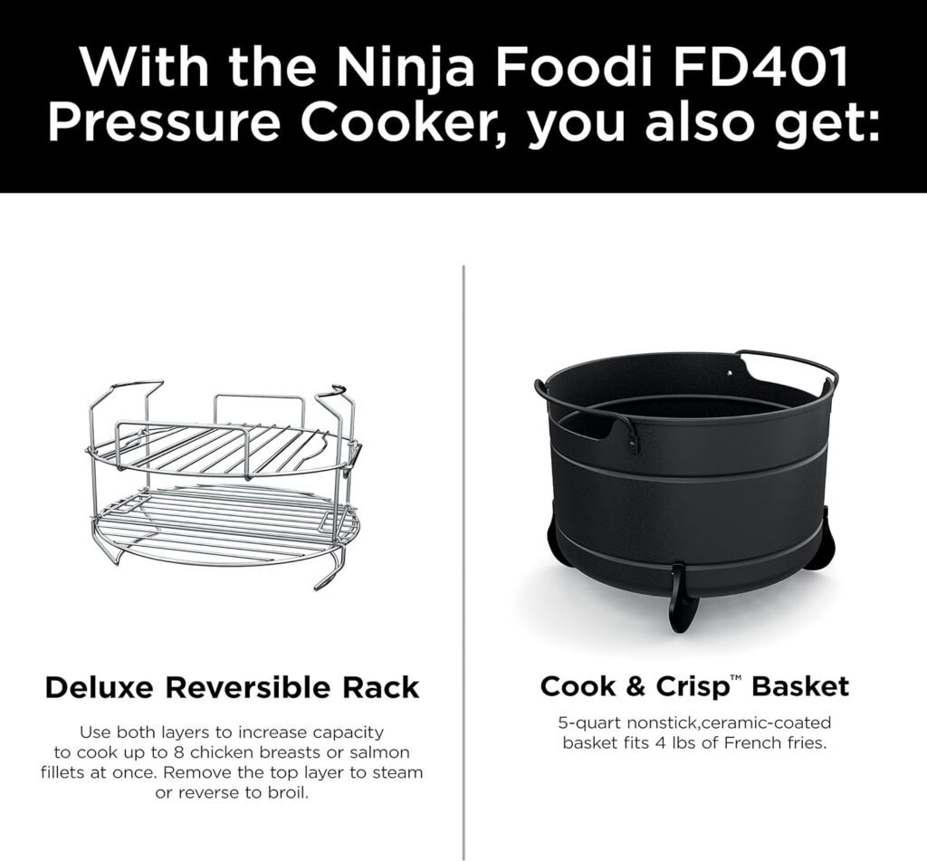 Ninja FD401 Foodi 12-in-1 Deluxe XL 8 qt. Pressure Cooker  Air Fryer that Steams, Slow Cooks, Sears, Sautés, Dehydrates  More, with 5 qt. Crisper Basket, Reversible Rack  Recipe Book, Silver