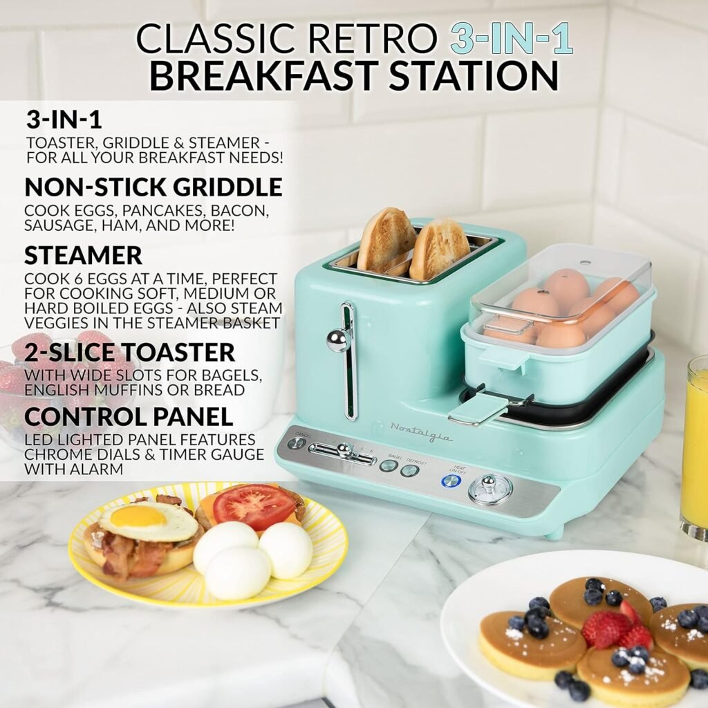 Nostalgia Classic Retro 3-in-1 Breakfast Station, 2-Wide Slot Toaster With Adjustable Toasting Control, Non-Stick Griddle, 6 Capacity Egg Cooker With Lid