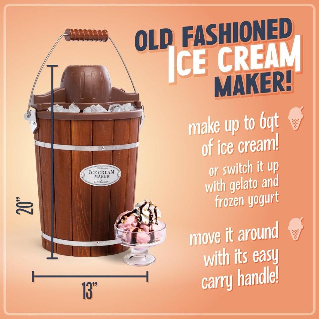 Nostalgia Electric Ice Cream Maker - Old Fashioned Soft Serve Ice Cream Machine Makes Frozen Yogurt or Gelato in Minutes - Fun Kitchen Appliance - Vintage Wooden Style - Light Wood - 4 Quart