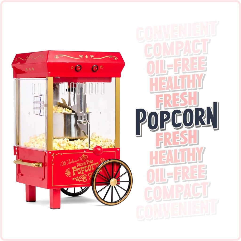 Nostalgia Popcorn Maker Machine - Professional Cart With 2.5 Oz Kettle Makes Up to 10 Cups - Vintage Popcorn Machine Movie Theater Style - Red  White