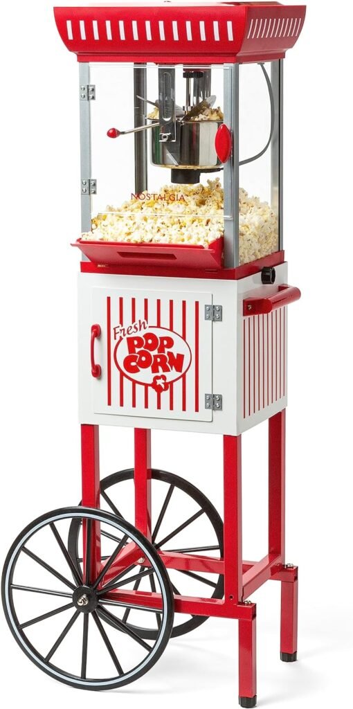 Nostalgia Popcorn Maker Machine - Professional Cart With 2.5 Oz Kettle Makes Up to 10 Cups - Vintage Popcorn Machine Movie Theater Style - Red  White