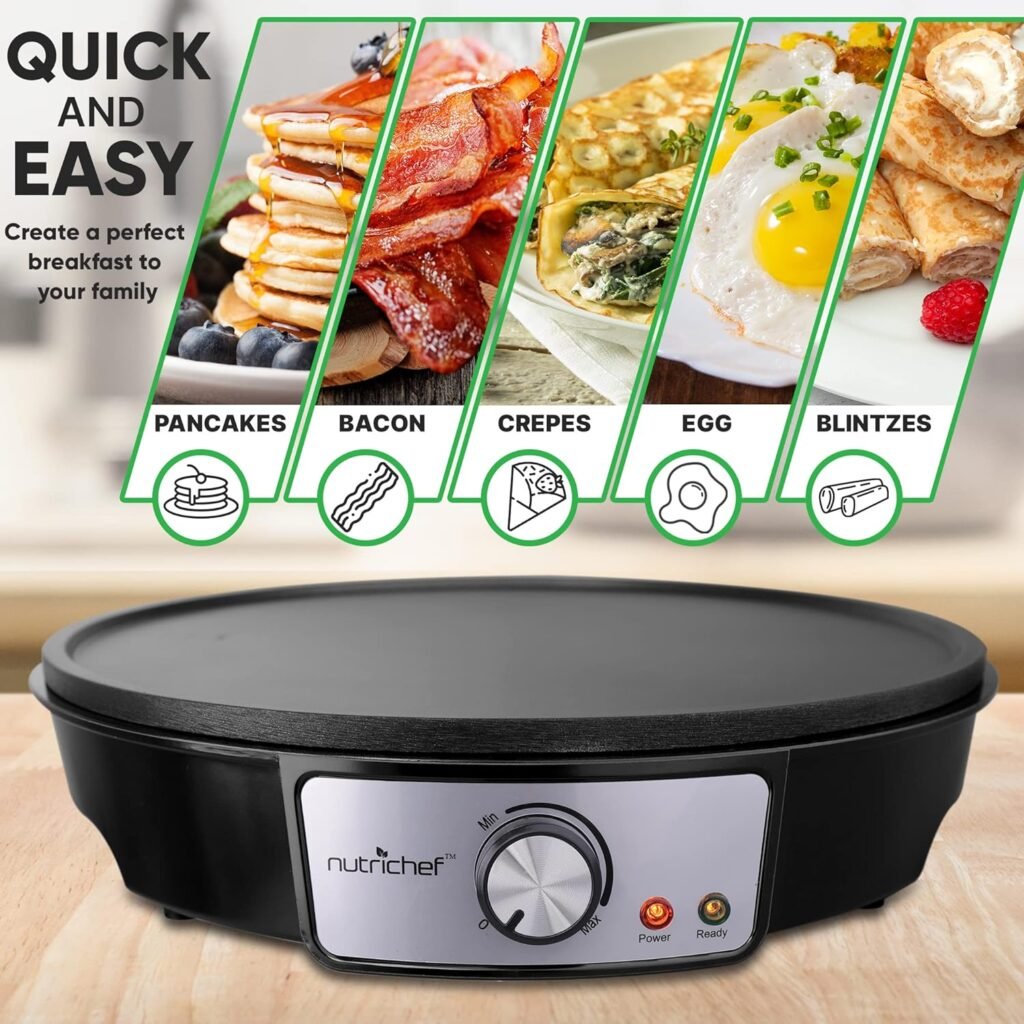 nutrichef Electric Griddle Crepe Maker Cooktop - Nonstick 12 Inch Aluminum Hot Plate with LED Indicator Lights  Adjustable Temperature Control - Wooden Spatula  Batter Spreader Included