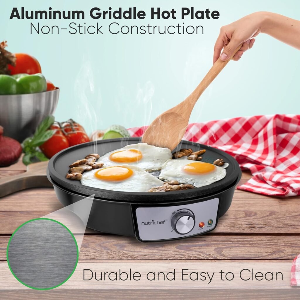 NutriChef Electric Griddle  Crepe Maker | Nonstick 12 Inch Hot Plate Cooktop | Adjustable Temperature Control | Batter Spreader  Wooden Spatula | Used Also For Pancakes, Blintzes  Eggs