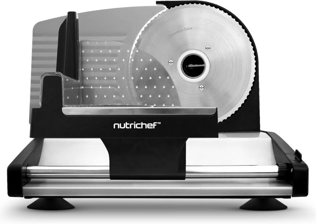 Nutrichef Electric Meat Slicer | 200W Automatic Meat, Deli  Bread Slicer | Adjustable Dial for 0-15mm Cutting Range Thickness | Removable 7.5 IN Stainless Steel Blade  Food Pusher for Safety (Black)