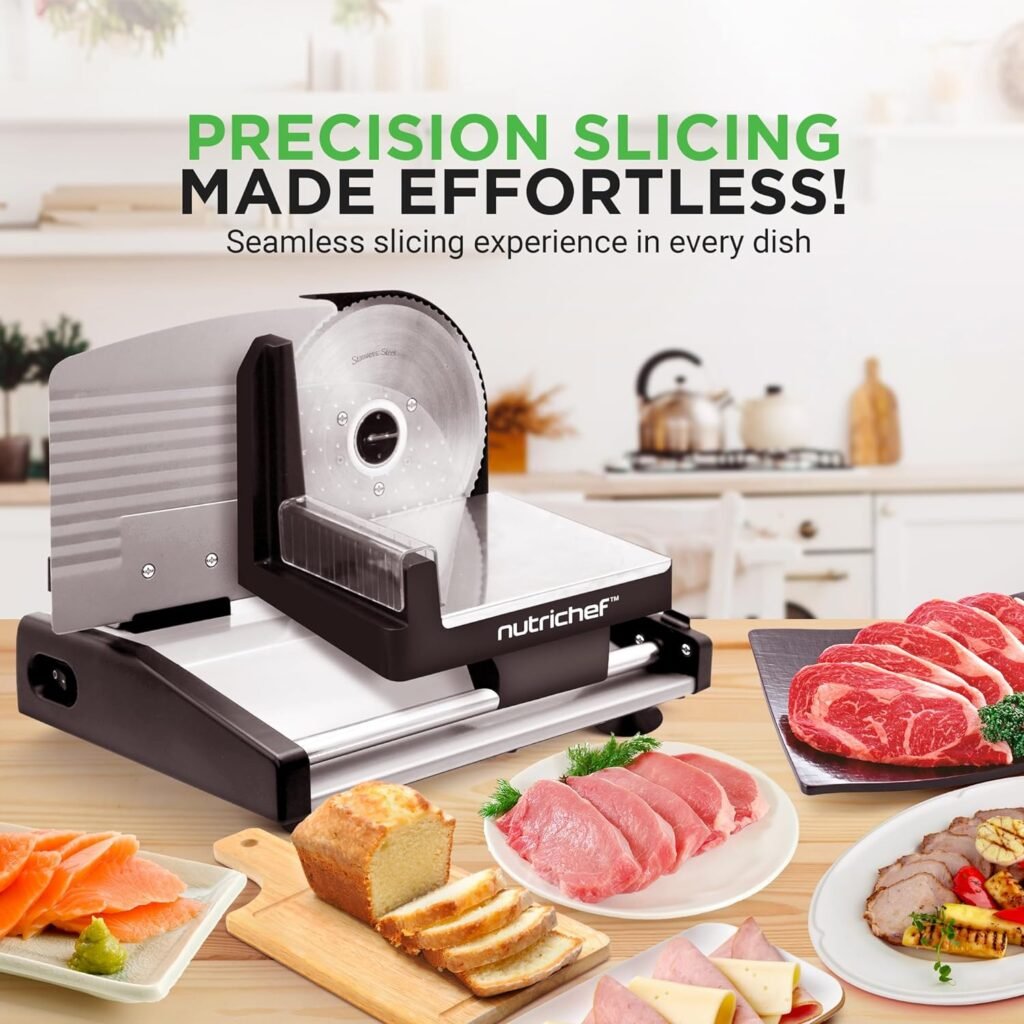 Nutrichef Electric Meat Slicer | 200W Automatic Meat, Deli  Bread Slicer | Adjustable Dial for 0-15mm Cutting Range Thickness | Removable 7.5 IN Stainless Steel Blade  Food Pusher for Safety (Black)