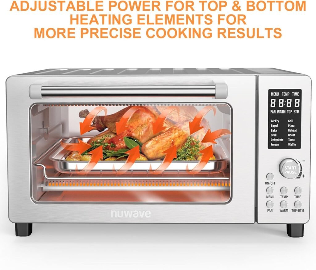 Nuwave Bravo Air Fryer Toaster Smart Oven, 12-in-1 Countertop Convection, 1800 Watts, 21-Qt Capacity, 50°-450°F Temp Controls, Top and Bottom Heater Adjustments 0%-100%, Brushed Stainless Steel Look