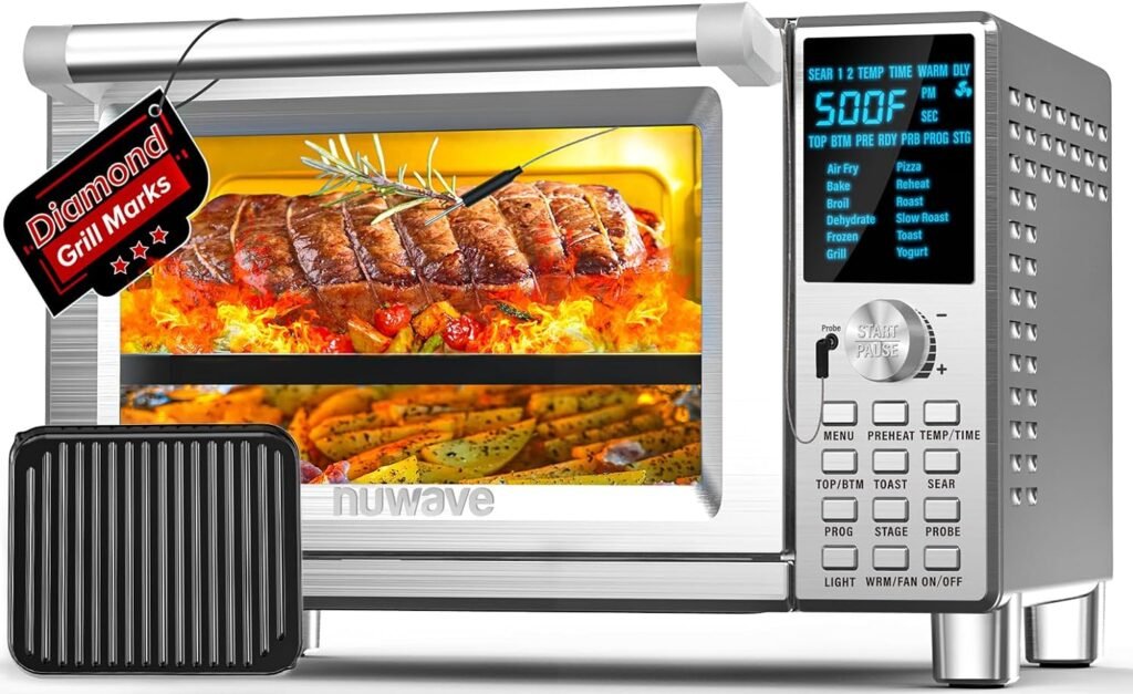 Nuwave Bravo XL Air Fryer Toaster Smart Oven, 12-in-1 Countertop Grill/Griddle Combo, 30-Qt Capacity, 50F-500F adjustable in precise 5F increments. Integrated Thermometer, Linear T Technology