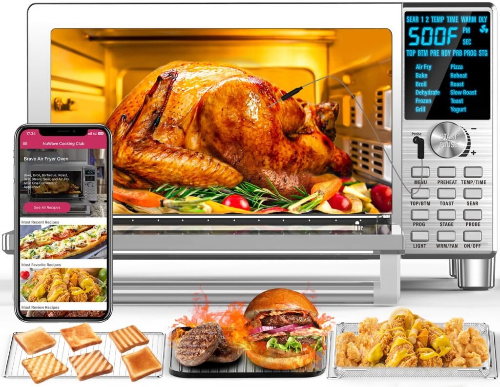 Nuwave Bravo XL Air Fryer Toaster Smart Oven, 12-in-1 Countertop Grill/Griddle Combo, 30-Qt XL Capacity, 50F-500F adjustable in precise 5F increments, Integrated Smart Thermometer, Linear T Technology