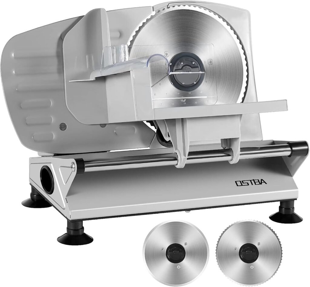 OSTBA Meat Slicer Electric Deli Food Slicer with Two Removable Stainless Steel Blades and Food Carriage, Adjustable Thickness Meat Slicer for Home, Food Slicer Machine for Meat, Cheese, Bread