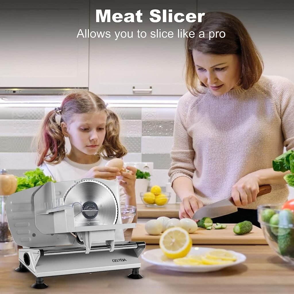 OSTBA Meat Slicer Electric Deli Food Slicer with Two Removable Stainless Steel Blades and Food Carriage, Adjustable Thickness Meat Slicer for Home, Food Slicer Machine for Meat, Cheese, Bread