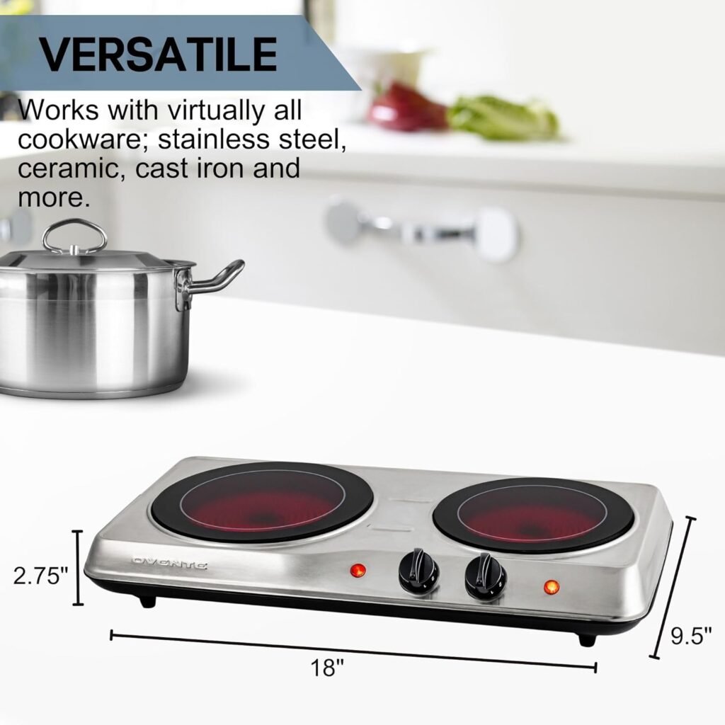 OVENTE Countertop Infrared Single Burner, 1000W Electric Hot Plate with 7” Ceramic Glass Cooktop, 5 Level Temperature Setting  Easy to Clean Base, Compact Stove for Home Dorm Office, Silver BGI101S