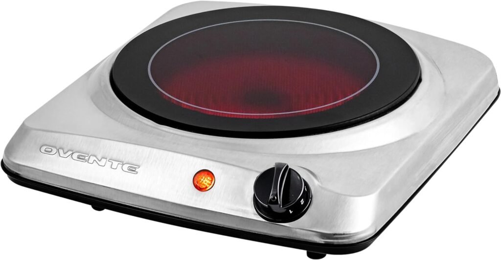 OVENTE Countertop Infrared Single Burner, 1000W Electric Hot Plate with 7” Ceramic Glass Cooktop, 5 Level Temperature Setting  Easy to Clean Base, Compact Stove for Home Dorm Office, Silver BGI101S