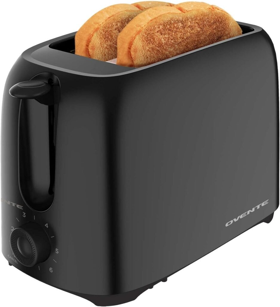 OVENTE Electric 2 Slice Toaster Machine with 6-Shade Toast Settings, 700W Power, Removable Crumb Tray and Compact Design Perfect for Toasting Bread, Bagels, Waffles and Puff Pastry, Black TP2210B