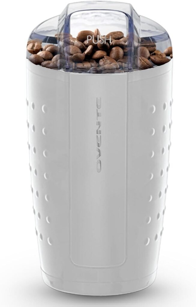 OVENTE Electric Coffee Grinder - Small Portable  Compact Grinding Mill with Stainless Blade for Bean Spices Herb and Tea, Perfect for Home  Kitchen - White CG225W