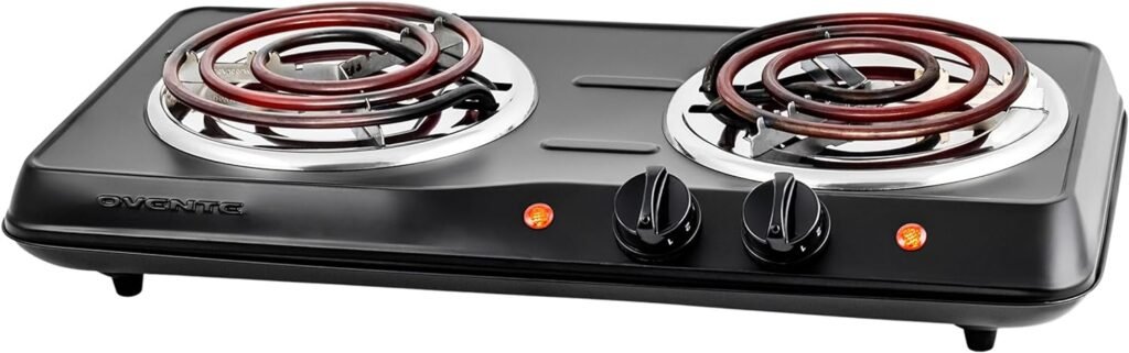 OVENTE Electric Countertop Double Burner, 1700W Cooktop with 6 and 5.75 Stainless Steel Coil Hot Plates, 5 Level Temperature Control, Indicator Lights and Easy to Clean Cooking Stove, Black BGC102B